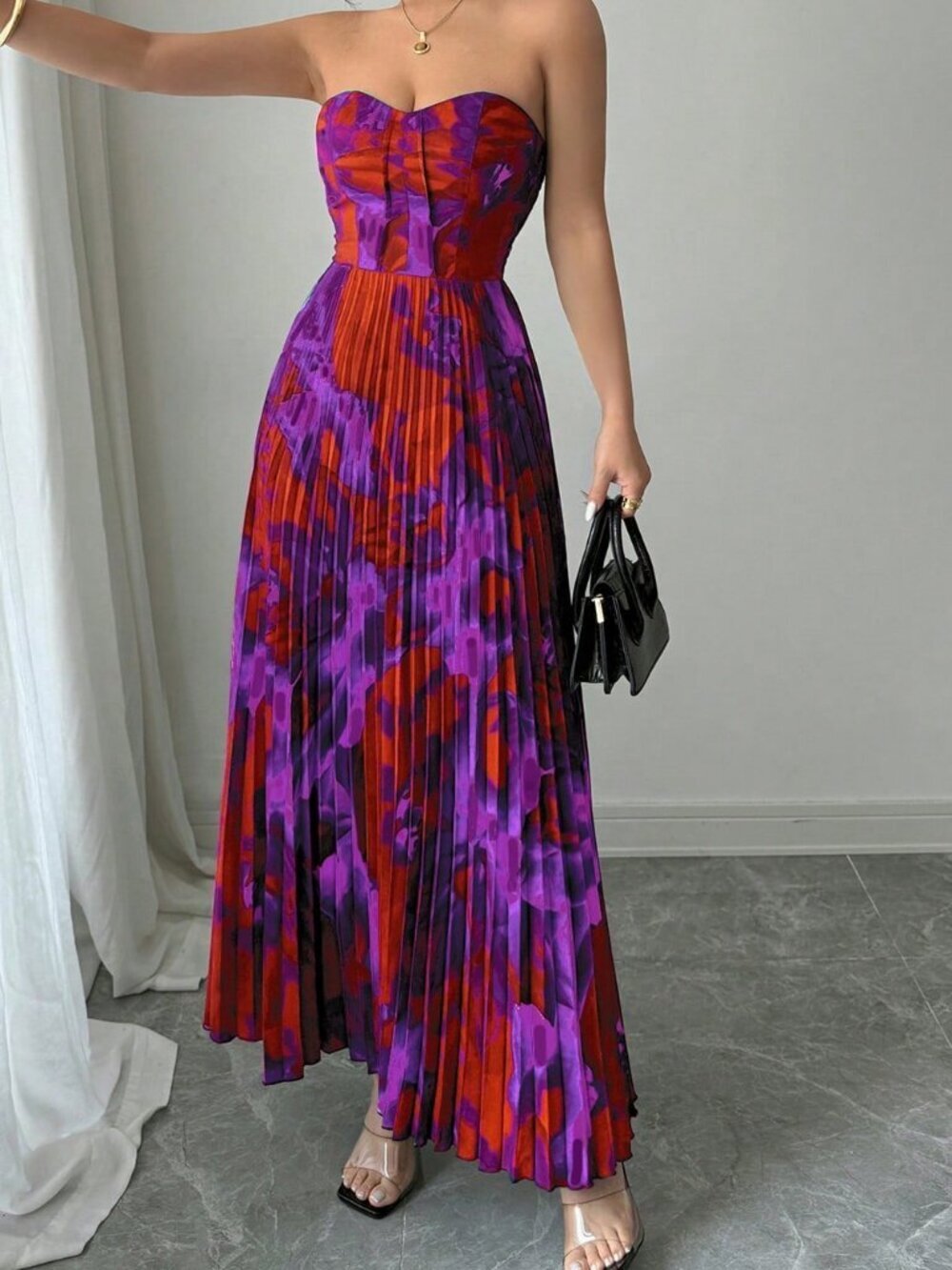 Purple Casual Women's Bandeau Waist-Cinched Pleated Full Print Dress - Picture 3 of 6